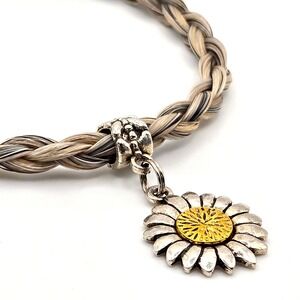 Braided Horsehair Bracelet Sunflower Charm Adjustable Leather Toggle‎ Two-Tone